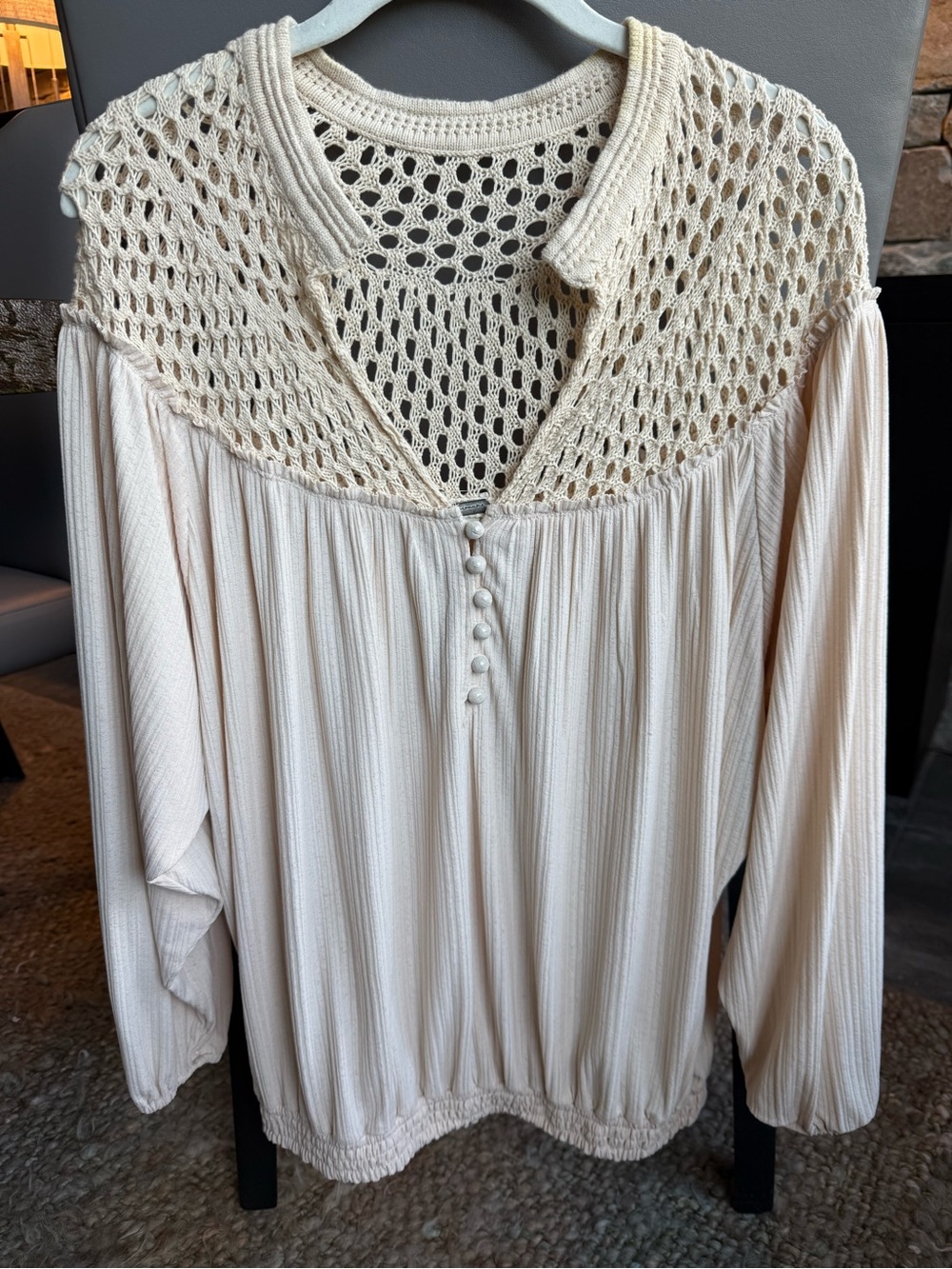gimmicks by BKE Cream Crochet Yoke Button-Front Blouse